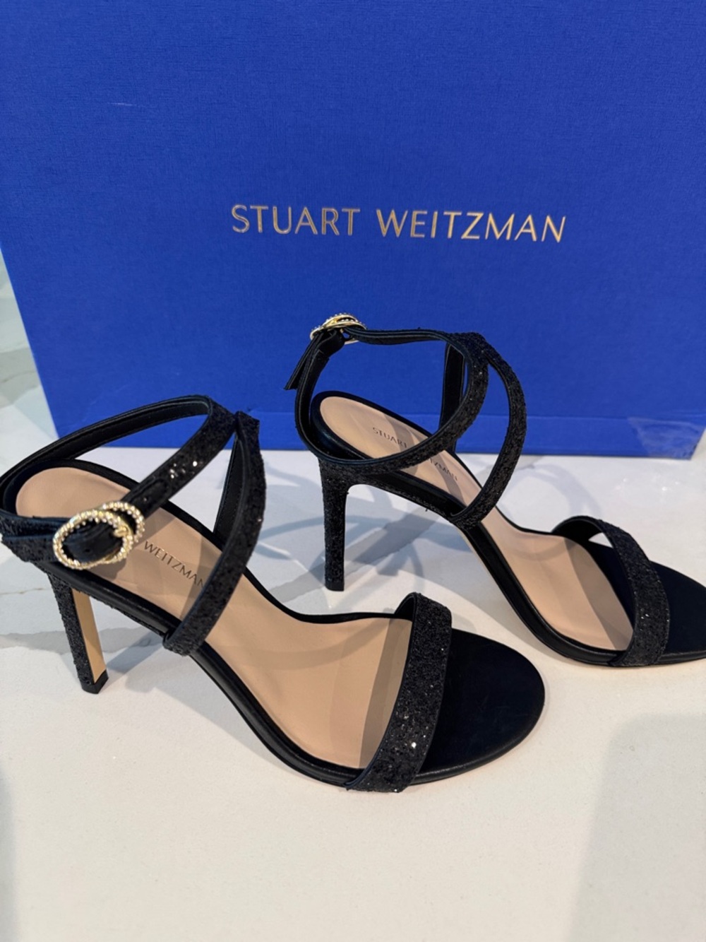 Stuart Weitzman Black Glitter Open-Toe Ankle-Strap Heels 7